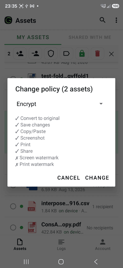 Governate Android app changing the protection policy of two assets
